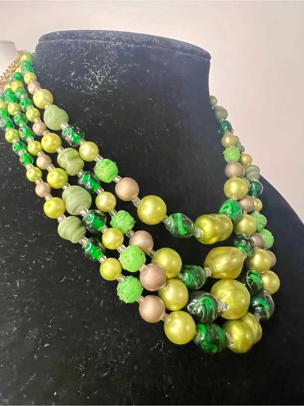 JAPAN Green & Gold Multi-Strand Beaded Necklace